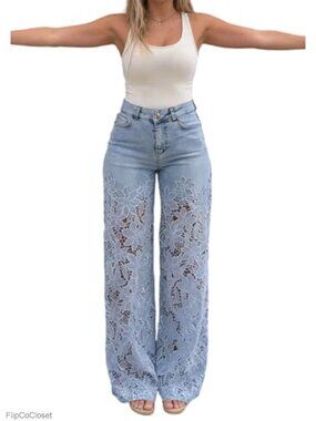 Women's Lace Floral Embellished Jeans Hollow Out Straight Leg Mid Rise Denim